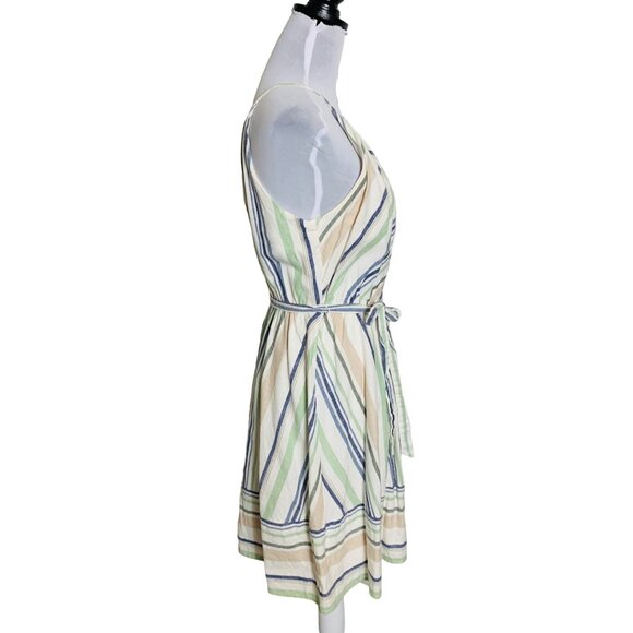 Miami Ivory Striped Halter Dress Size L Belted Linen Blend Cruise Vacation - Picture 3 of 16